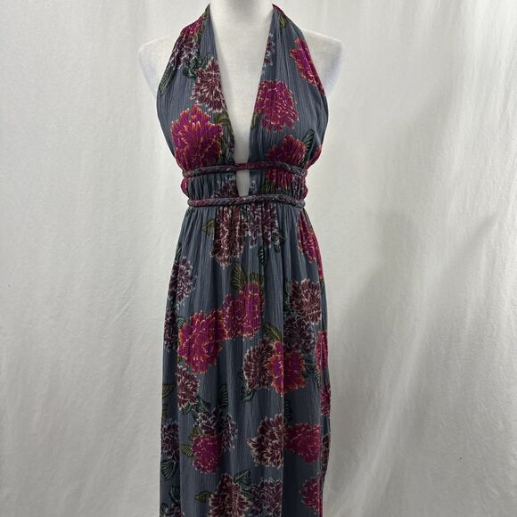 Big Water Blue Sky Dark Floral Halter Braided Open Back Maxi Dress Womens S Boho - Picture 1 of 16